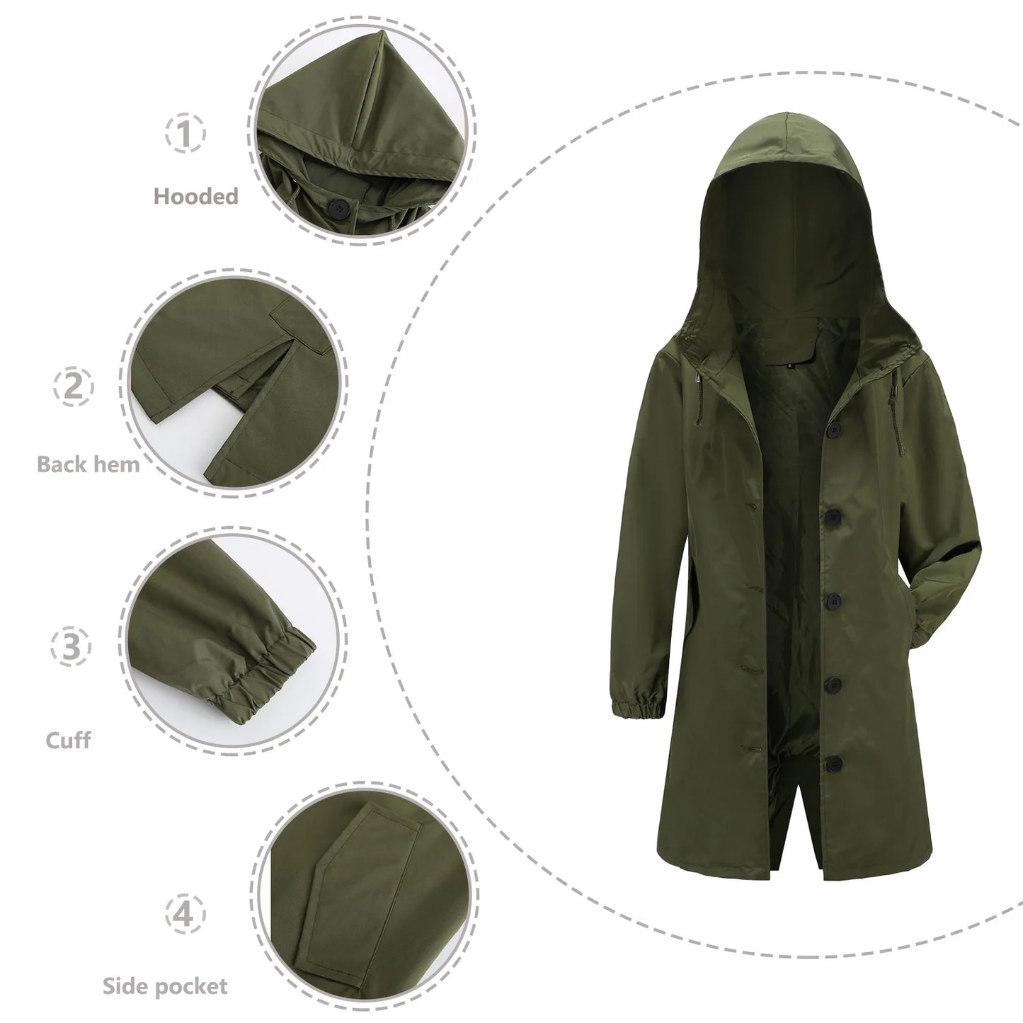 Spring Autumn Women's Trench Coat Water-Repellent Hooded Windbreaker Outdoor Loose Casual Zipper Long Jacket