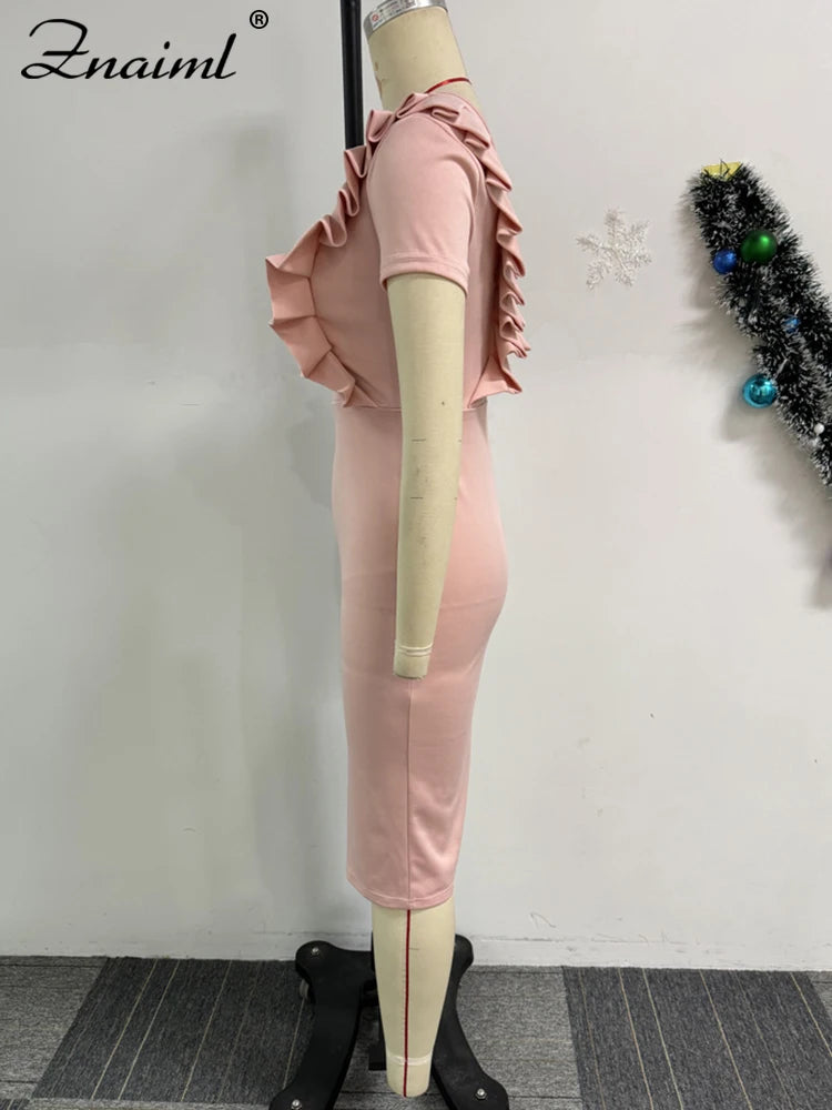 Znaiml Elegant Pink Ruched Short Sleeve Bodycon Mid Pencil Dress Women O-Neck Office Lady Slim Birthday Evening Party Clubwear