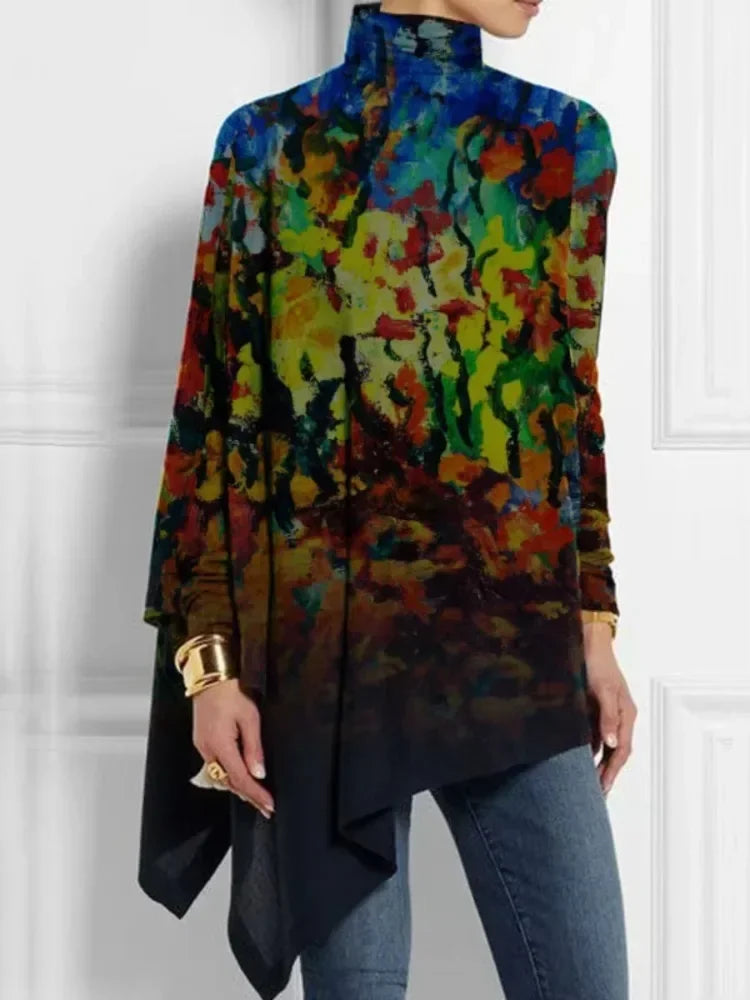 Female Asymmetric High Neck T-Shirts 2025 New Spring Long Batwing Sleeves Loose Vintage Printed Elegant Casual Tops