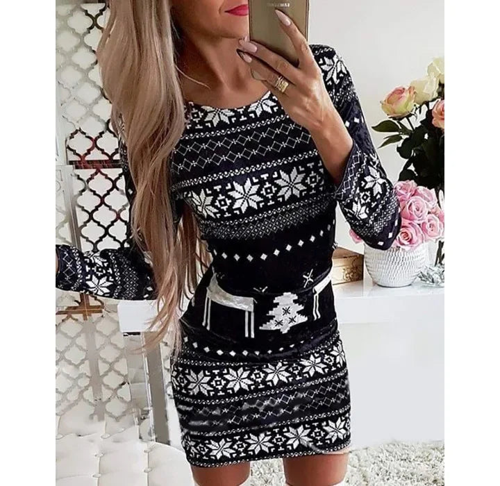 Christmas Dresses Women and Fall New Long Sleeved Printed Short Dress Fashionable Versatile Base Skirt for Female 2024 Summer