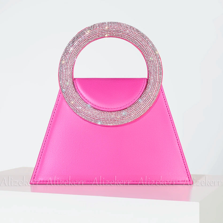 Bling Rhinestone Satin Handbags Women 2023 Elegant Boutique Round Crystal Handle Trapezoid Evening Clutch Purses Wedding Party