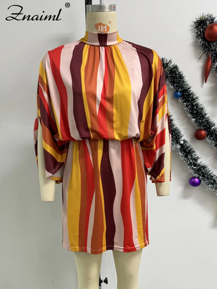 Znaiml Women‘s African Batwing Sleeve Striped Print Mini Dress Birthday O Neck Loose Night Club Female Vestidos Beach Elegant