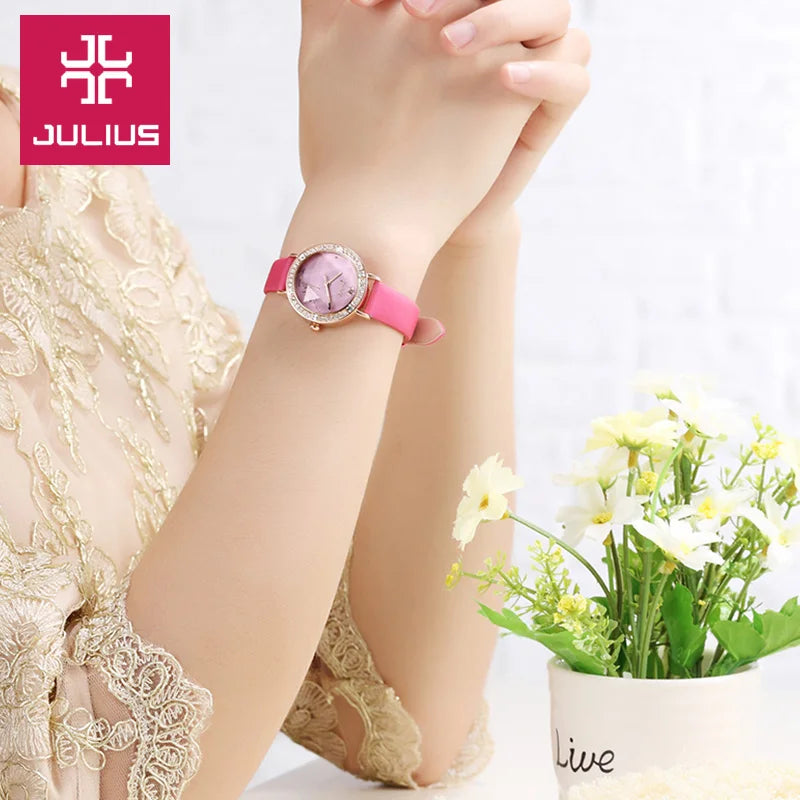 Rhinestones Julius Lady Women's Watch Fashion Hours Bracelet Real Leather Girl's Birthday Gift No Box