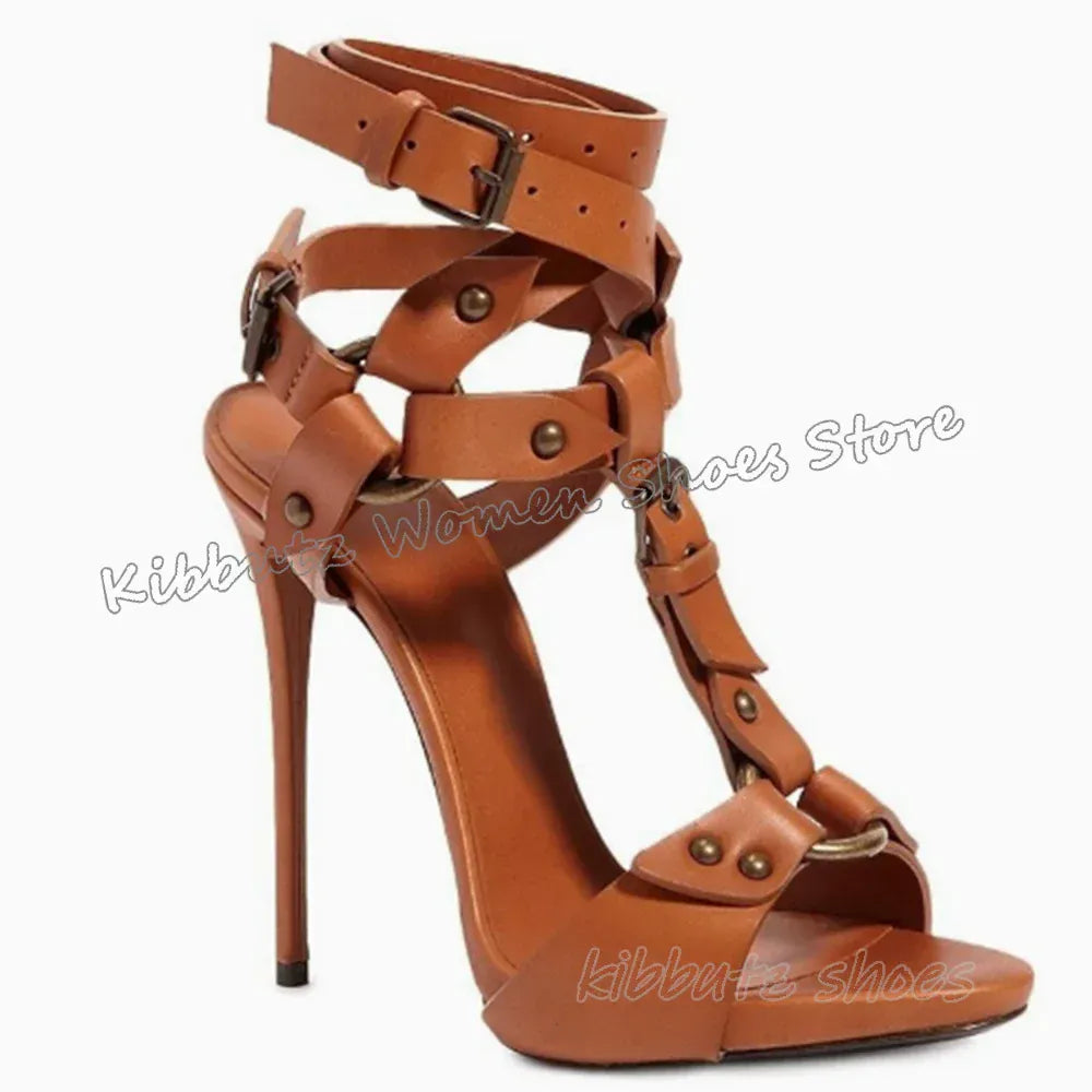 Rivets Belt Buckle Sandals Leather Solid Color Fashion Luxury Concise Sexy Women Shoes Round Toe Thin Heels Outdoor Summer New
