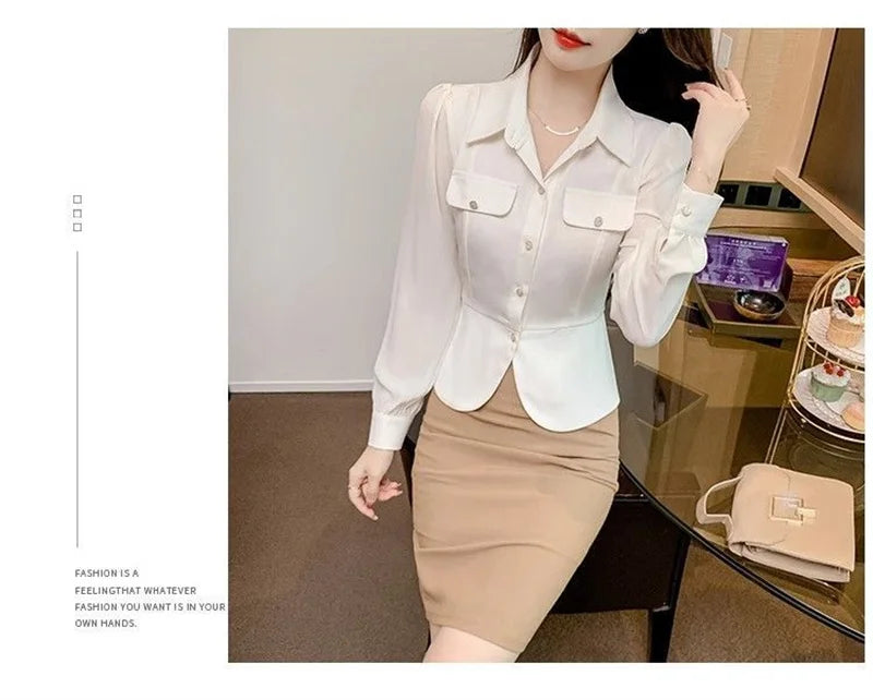 Autumn 2025 New Women Short Long-sleeved Chiffon Blouse Shirt Western-style Blouse Female Slim Pure Colour Bottoming Shirt
