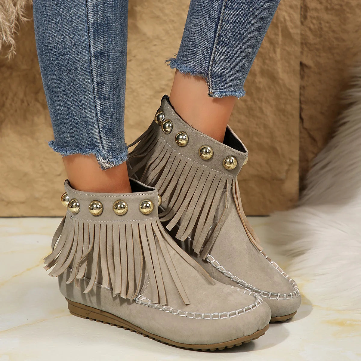 Women Boots Winter New Vintage Fringe Ankle Boots Women Side Zipper Casual Shoes Round Toe Ladies Snow Boots Zapatos De Mujer