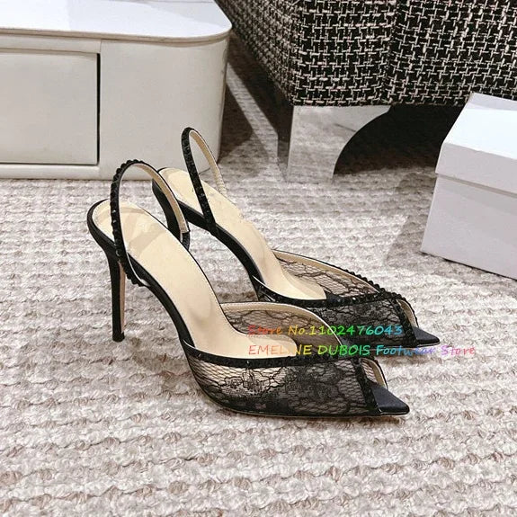 Mesh Peep Toe Sandals Slip-On Stiletto Summer Shoes Sweet Fashion Style High Heels for Women Designer Rhinestone Sandals