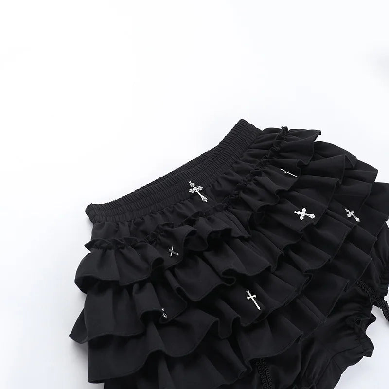 FAGADOER Punk Gothic Sexy Fur Leather Patchwork 2 Pieces Set for Woman Sleeveless Backless Tops and Bubble Puff Skirt Streetwear