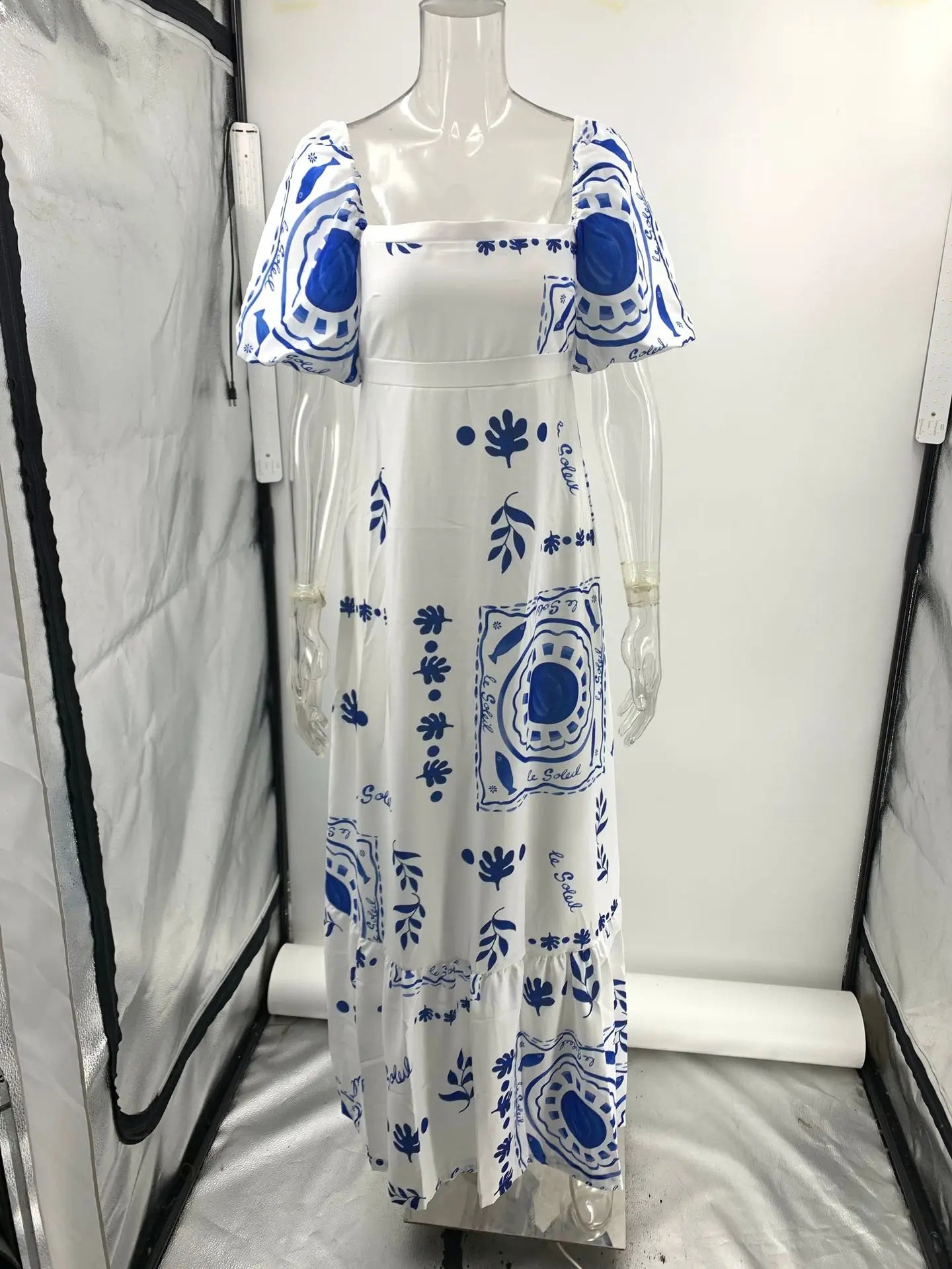 Summer Dress Elegant Women Flower Printed Maxi Dress High Waisted Short Sleeve Square Collar 2025 Summer Fashion Holiday Dresses