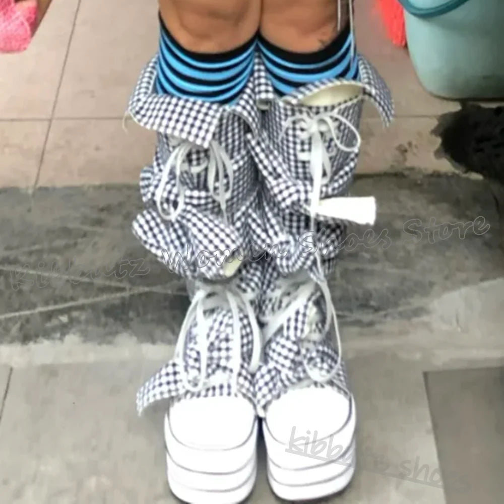 Checkered Canvas Boots Knee High Platform Lace-Up Mixed Color Fashion Elegant Luxury Novelty Women Shoes Round Toe Thick Bottom