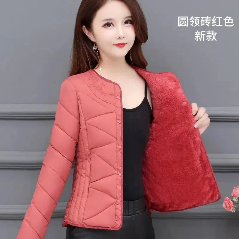 Winter Down Padded Jacket Women's Inner Short Mother's Wear Velvet Thickening Middle-Aged Elderly Mom Wear Pocket Jacket Pink