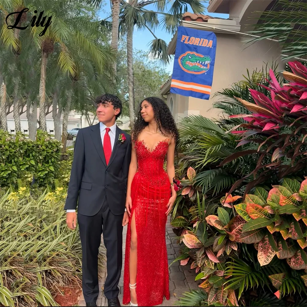 Lily Red Formal Dress Shiny Sequined Deep V-Neck Evening Gown Bead-Embellished Fringe and Side Split Prom Dresses Customized