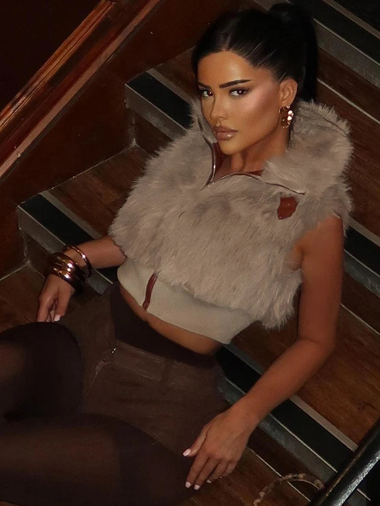 Weird Puss Sexy Furry Tank Tops Women Autumn Trend Patchwork Zip Metal Leather Buckle Slim Hottie Wild Street Clubwear Waistcoat