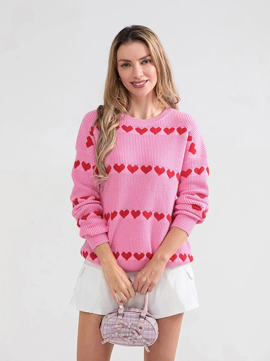 Women Valentine's Day Knit Sweater Heart Print Long Sleeve Round Neck Pullovers Fall Winter Casual Loose Knitted Jumpers Tops