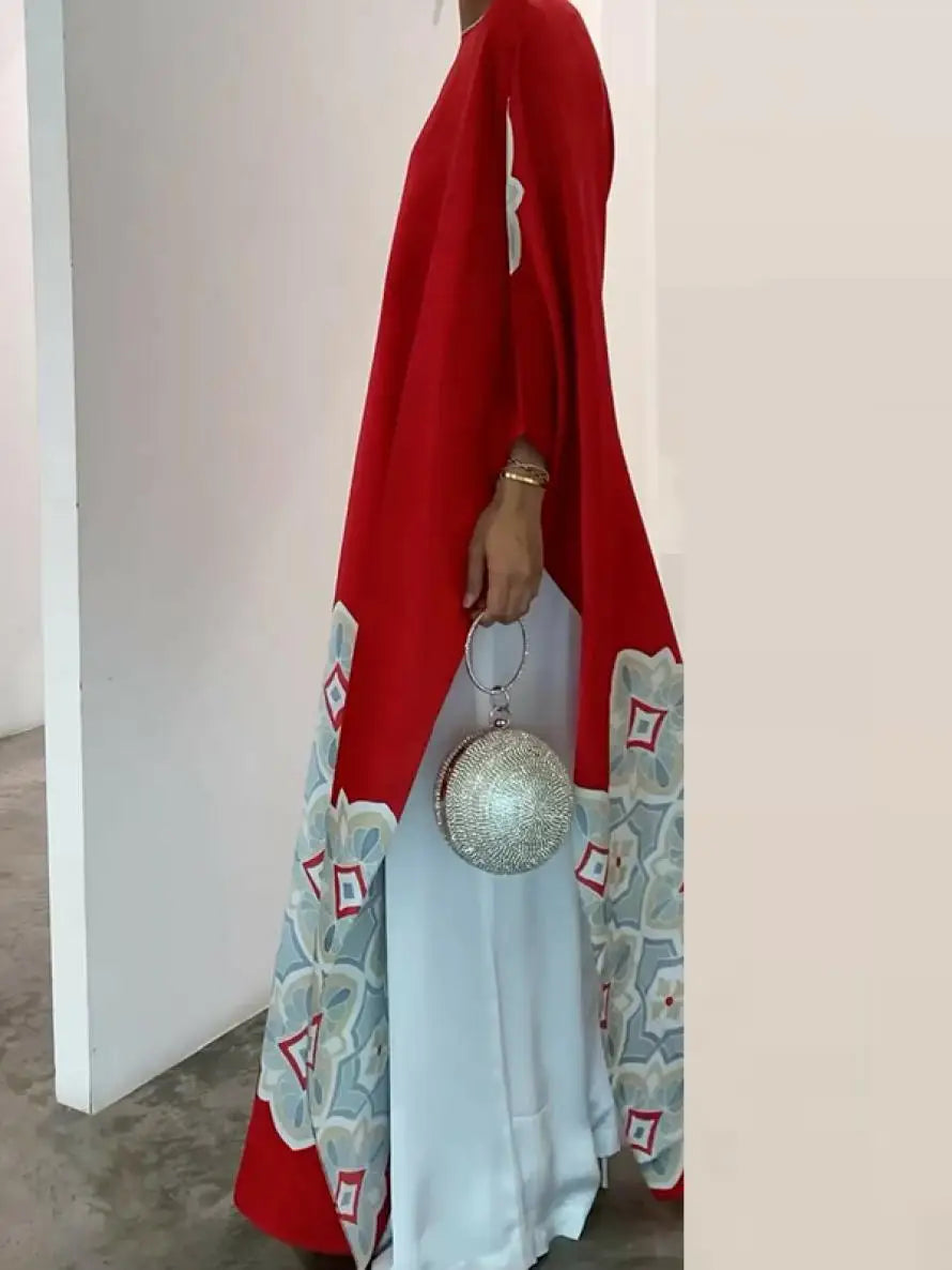 2025 New Spring Printed Evening Party Dresses Vintage Elegant Long Sleeves Loose Round-Neck Muslim Robe For Women