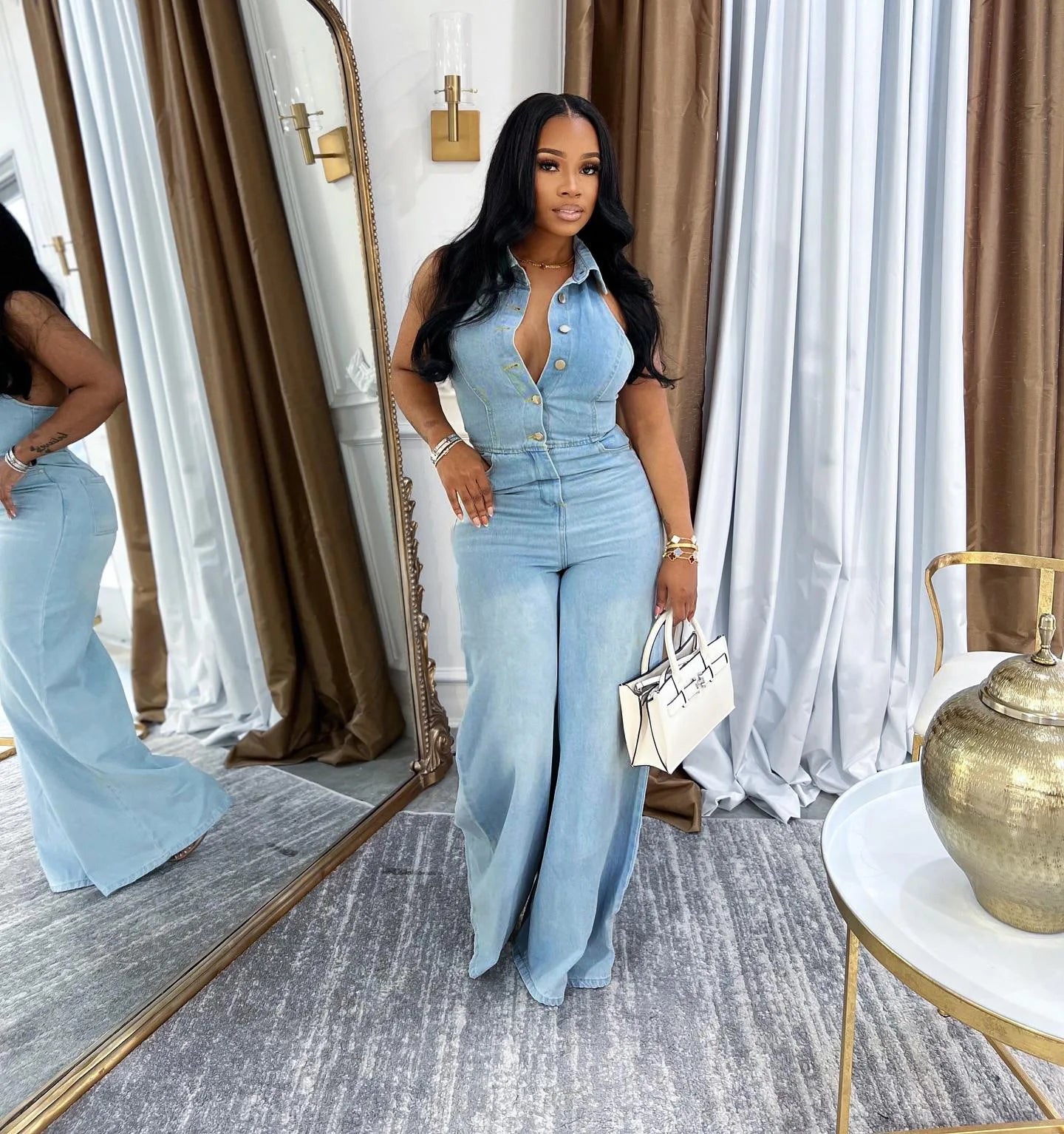 CM.YAYA Women Denim Sleeveless Single Breasted Wide Leg Jeans Jumpsuit Halter Neck Backless 2025 Summer One Piece Suit Playsuits