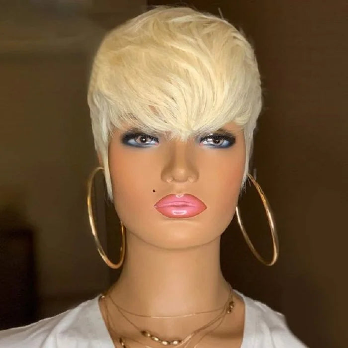 613 Honey Blonde Straight Short Pixie Bob Cut Wig With Bangs Indian Human Hair Full Machine Wig For Black Women