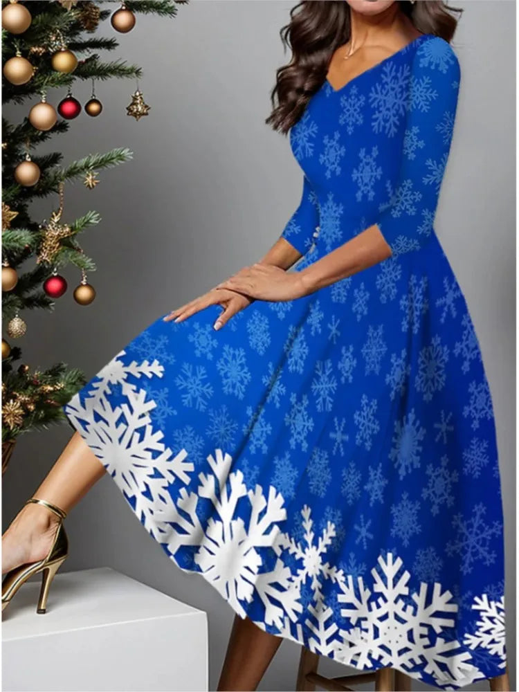 Autumn Snowflake Print V Neck Midi Swing Dress for Women