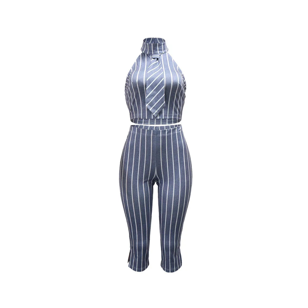 CM.YAYA Striped Printed Women's Set Sleeveless Necktie Tops and Leggings Pants 2025 Sexy Party Two 2 Piece Sets Outfit Tracksuit