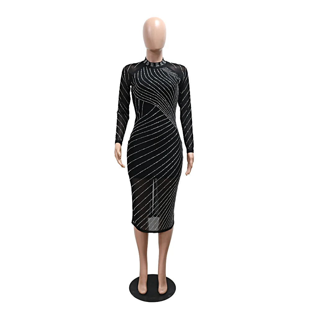 CM.YAYA Women Diamonds Hot Rhinestones Long Sleeve Bodycon Midi Dress 2024 Fall O-neck Evening Club Sexy Party Dresses Vestidos