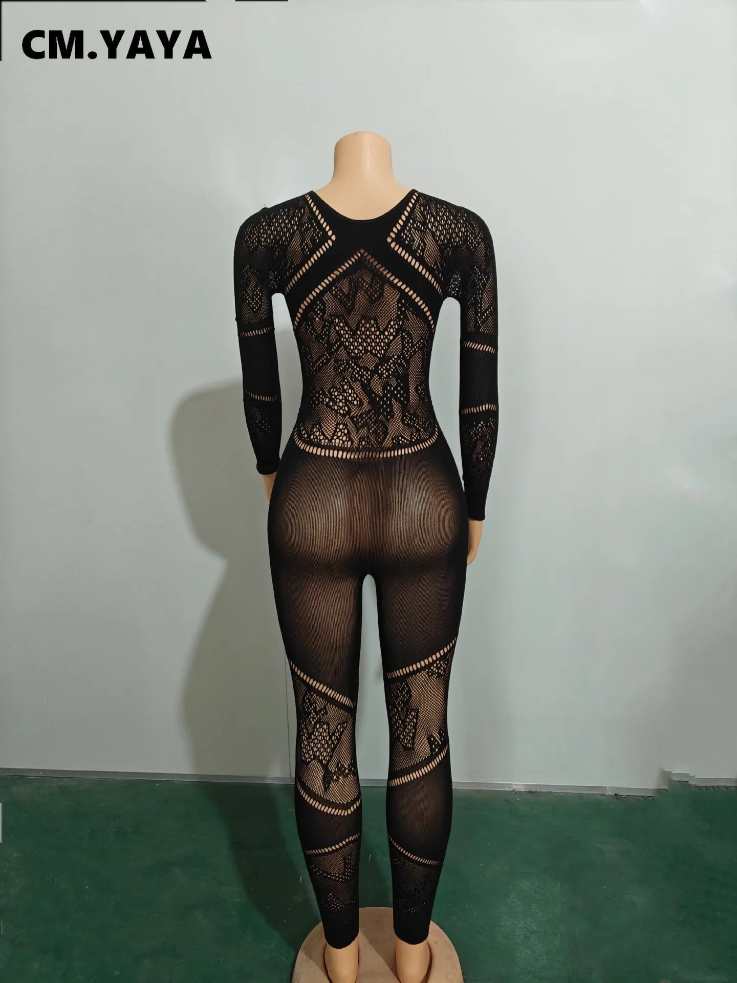 CM.YAYA Long Sleeve Sexy Mesh Lace Hollow Out Women’s Jumpsuits 2024 Fall O-Neck Night Club Party Pajamas One Piece Outfits