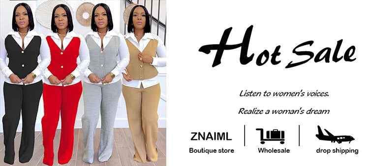 Znaiml Elegant Office Women's Long Sleeve Patchwork Vest Shirt and Straight Pants Two 2 Piece Sets Work Suits Matching Outfits