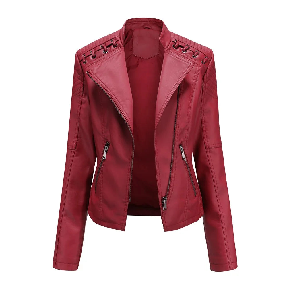 Spring Autumn Leather Jacket Women Slim Fit Motor Biker PU Leather Short Coat Stand Collar Ladies Zipper Outerwear 2024 New