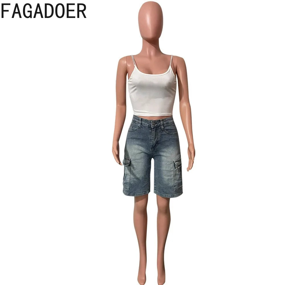 FAGADOER Y2K Sexy Bodycon Denim Pants Women Solid Color Cargo Pocket Patchwork Jeans Female Streetwear Bottoms 2025 Summer New