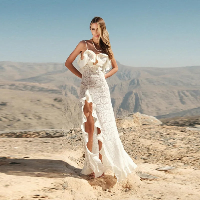 Chic Knit Hollow Out Maxi Dress Ruffles Edge Off Shoulder Party Long Robes Side Hem High Fork Club Vestidos 2025 Women Vestidos