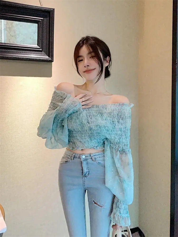 French Shoulder Chiffon Shirt for Women's Summer Design, Niche Shirt, Slim Fit Pleated Short Sleeved Top