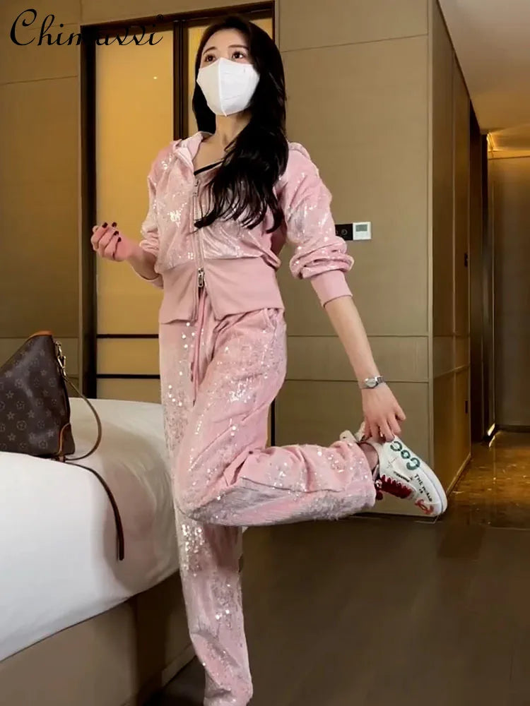 Fashion Velvet Casual Suit Winter Clothes New Sweet Sequins Hooded Fur Collar Sweatshirt Wide Leg Pants Ladies Two-Piece Set