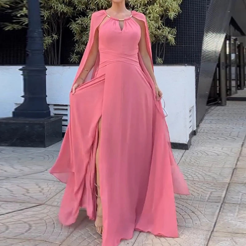 New 2025 Chiffon High Waist Pleated Long Dress Women's Fashion Cocktail Dress Elegant O-neck Flying Sleeves Solid Evening Dress