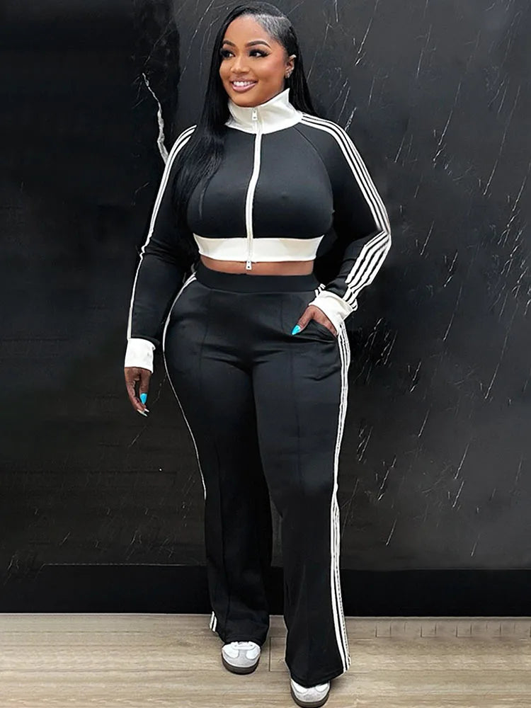 Casual Sporty Striped Two Piece Tracksuit Set for Women