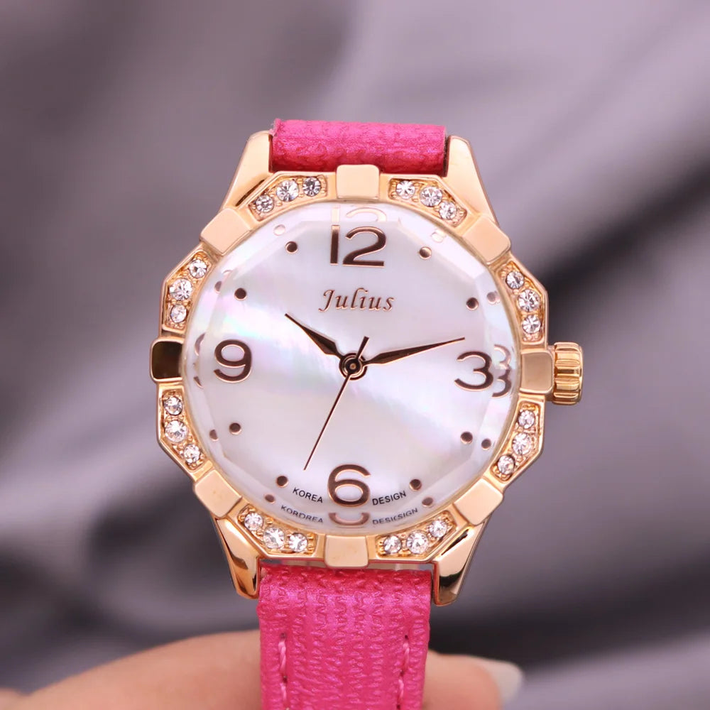 Small Rhinestones Julius Lady Women's Watch Mother-of-pearl Japan Quartz Fashion Hours Bracelet Leather Girl's Gift No Box
