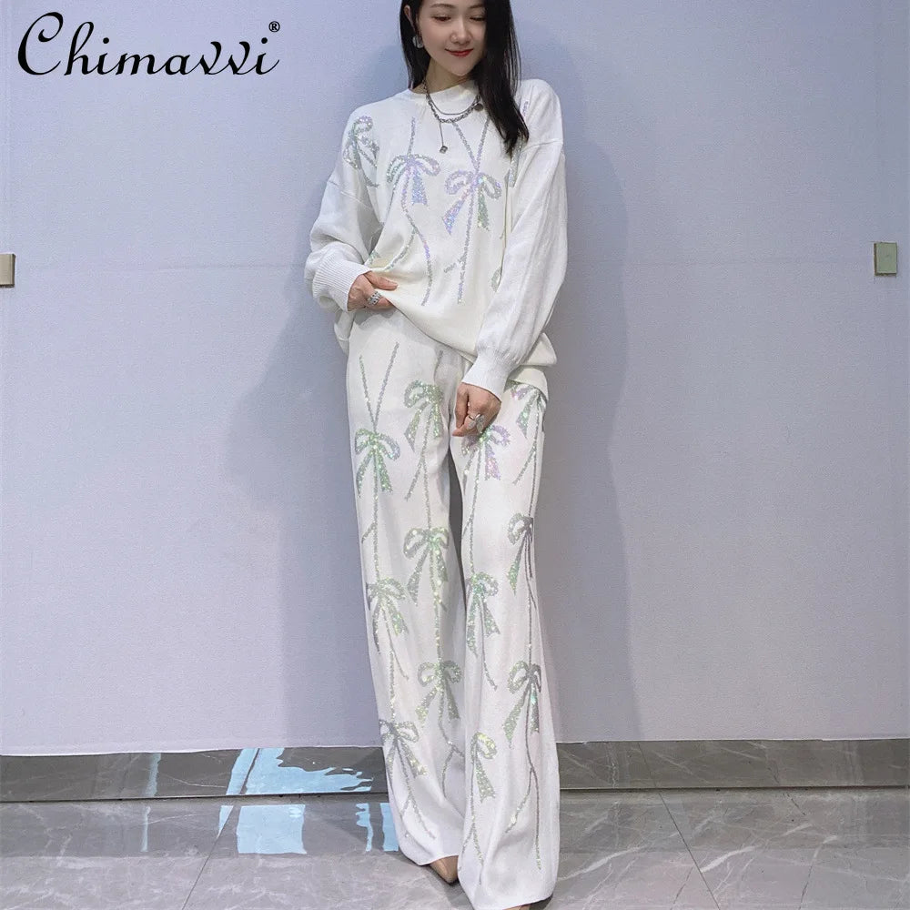 2025 Autumn New Fashion Rhinestone Knitted Two-Piece Set Loose Women's Top Casual Wide-Leg Pants Ladies Long Pants Suit