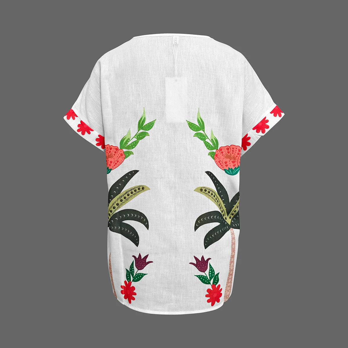 Beautyblue Cotton Linen Bohemian White Blouse Vacation Clothes New Casual Loose Raglan Sleeve V-Neck Printed T-shirts for Women