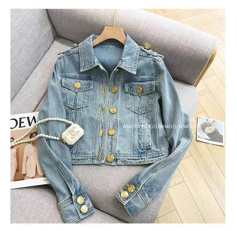 Short 2023 New Design Sense Heavy Industry Denim Coat Korean Wash Fashion Short Style Temperament Top Metal buckle Denim Jacket