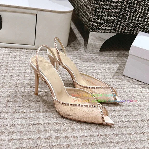 Mesh Peep Toe Sandals Slip-On Stiletto Summer Shoes Sweet Fashion Style High Heels for Women Designer Rhinestone Sandals