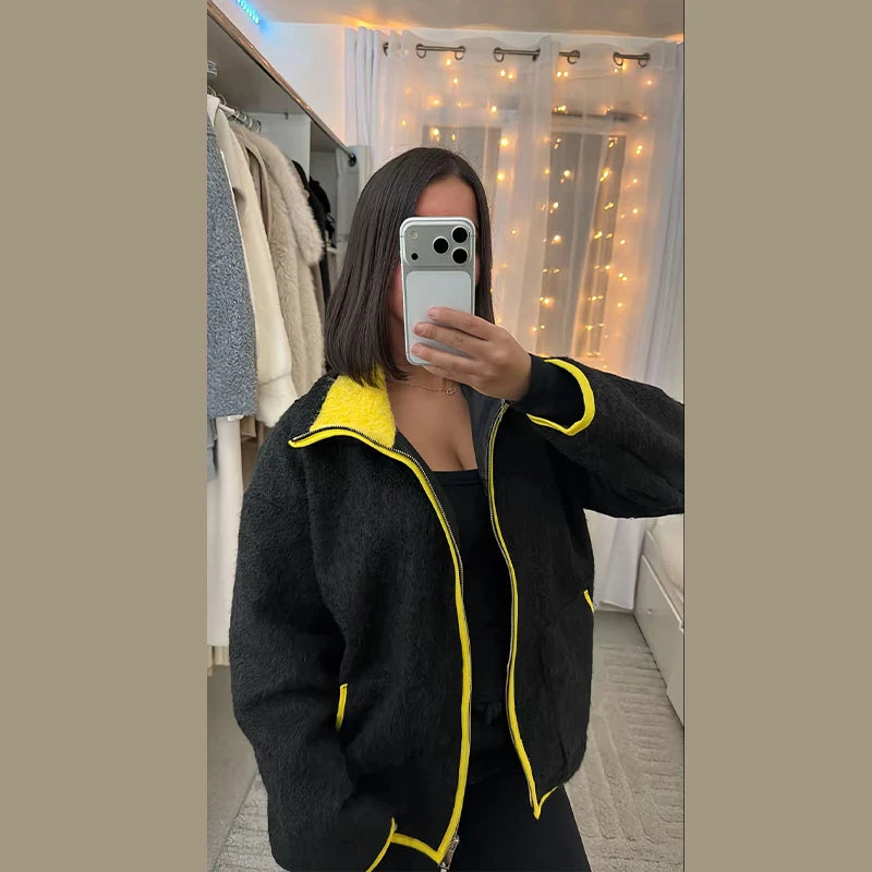 Fuzz Yellow Contrast Long Sleeve With Zipper Coat for Women