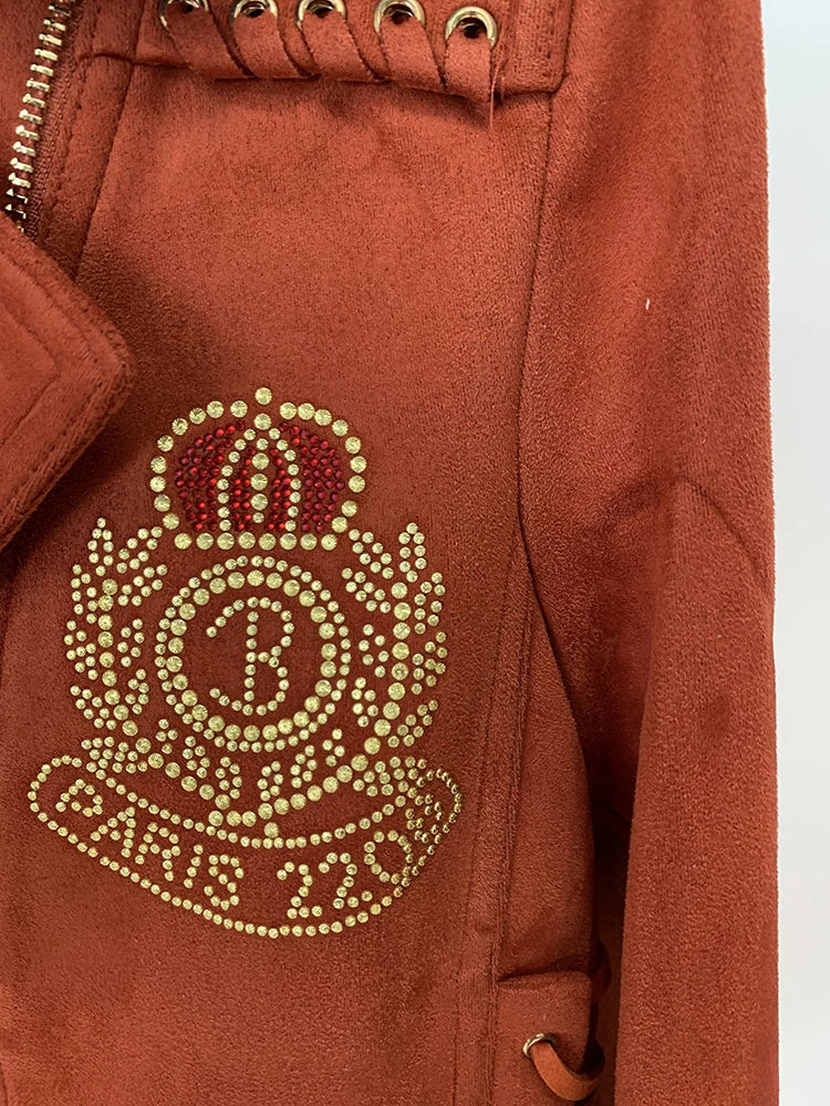 HIGH STREET Newest 2024 F/W Designer Jacket Women's Rope Lacing Up Logo Beaded Synthetic Suede Leather Motorcycle Biker Jacket