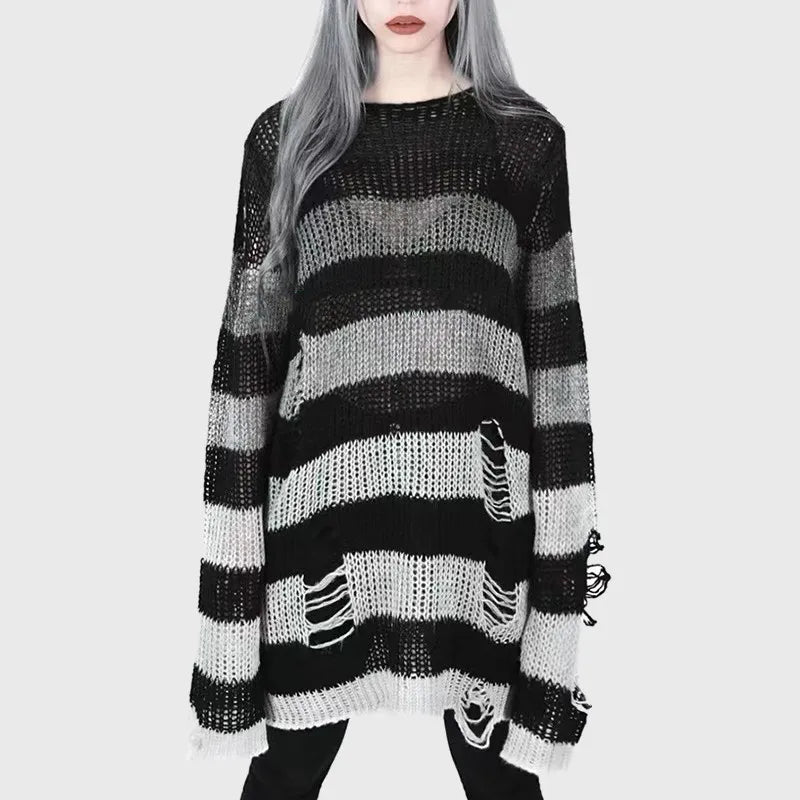 Karrram Punk Gothic Sweater Emo Tops E-girls Mall Goth Pullovers Y2k Harajuku Grunge Clothes Alt Dark Aesthetic Striped Jumpers