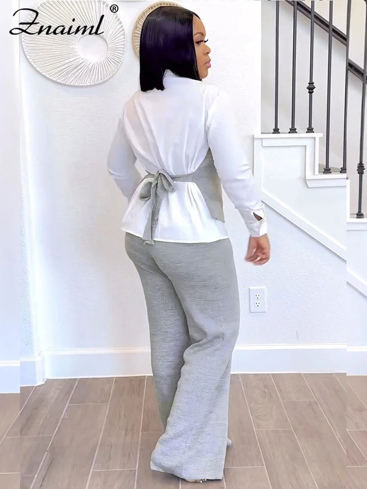 Znaiml Elegant Office Women's Long Sleeve Patchwork Vest Shirt and Straight Pants Two 2 Piece Sets Work Suits Matching Outfits