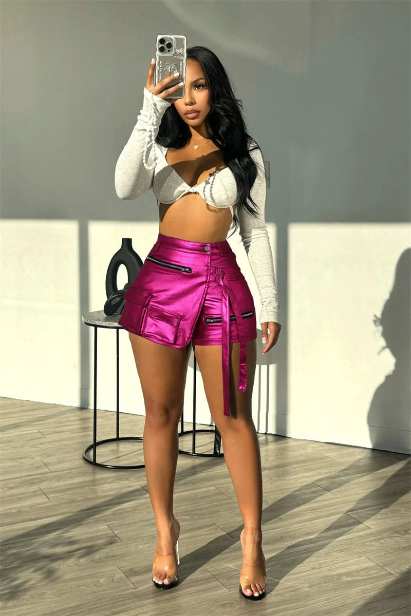Shiny Metallic Irregular Shorts Skirts Women Y2K Clothing High Waist Button Fly Pockets Zipper Party Club Birthday Short Mujer