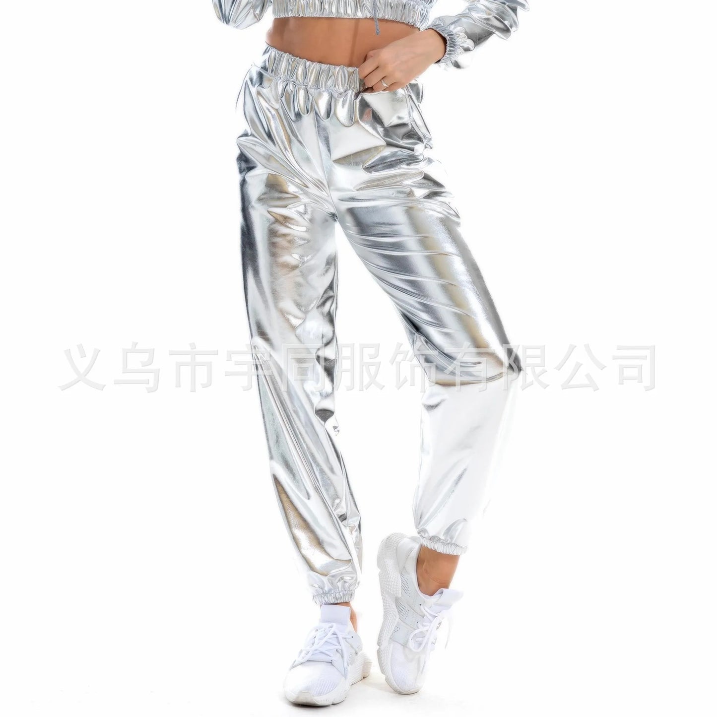 Shiny Glittery Street Hip-hop Party Sparkly Long Pants Loose Casual Sports Trousers Green Gold Silver Black Optional for Women