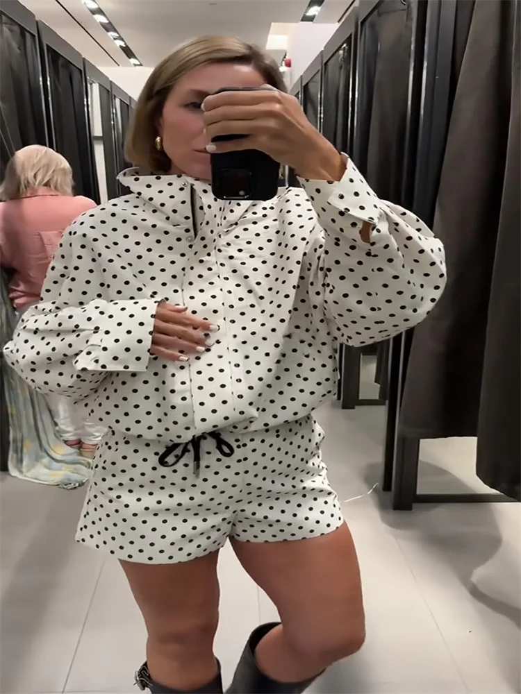 Loose Polka Dot Zipper Women's Shorts Set Stand Collar Patchwork Full Sleeve Pockets Jacket Tie Up Short Pant Suit Summer Outfit