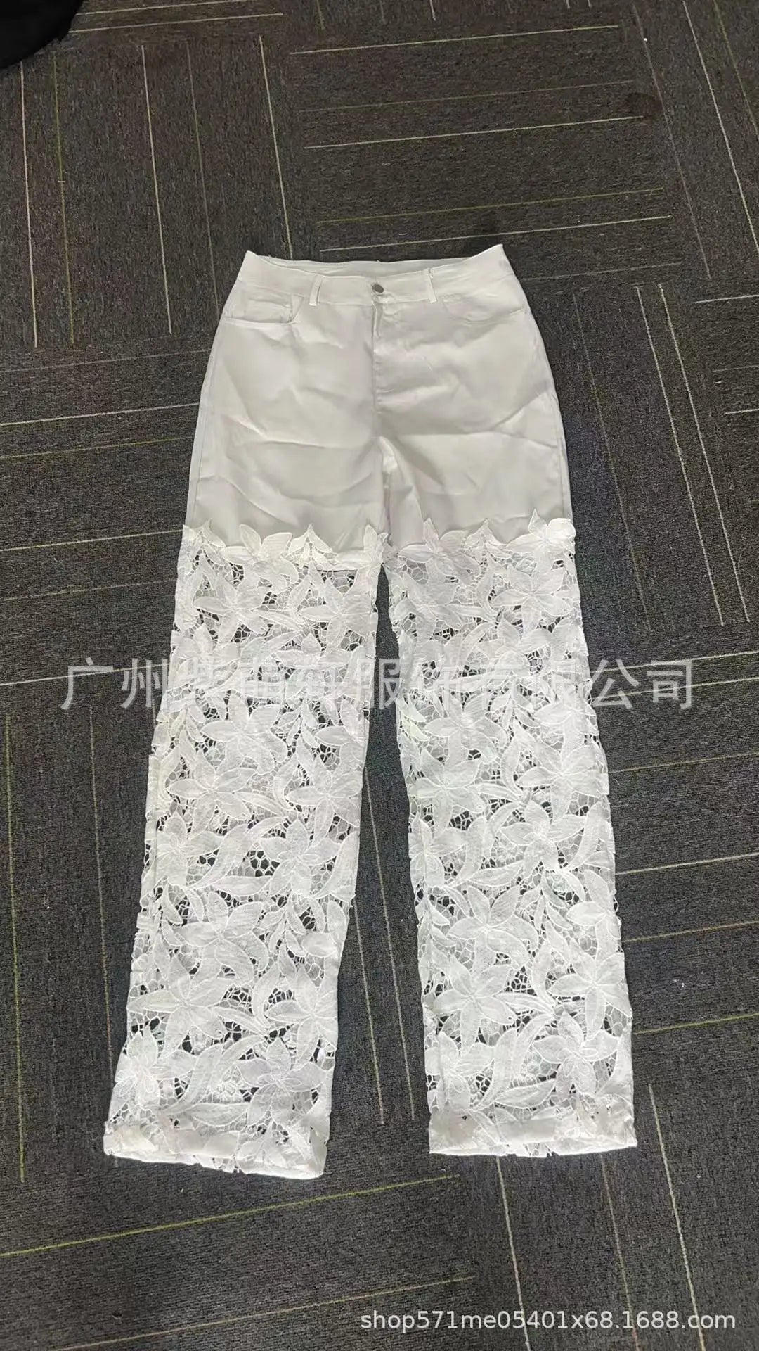 Women's Spring Summer Fashion Hollow Out Lace Splicing Denim Drape Pants Full Length Trousers