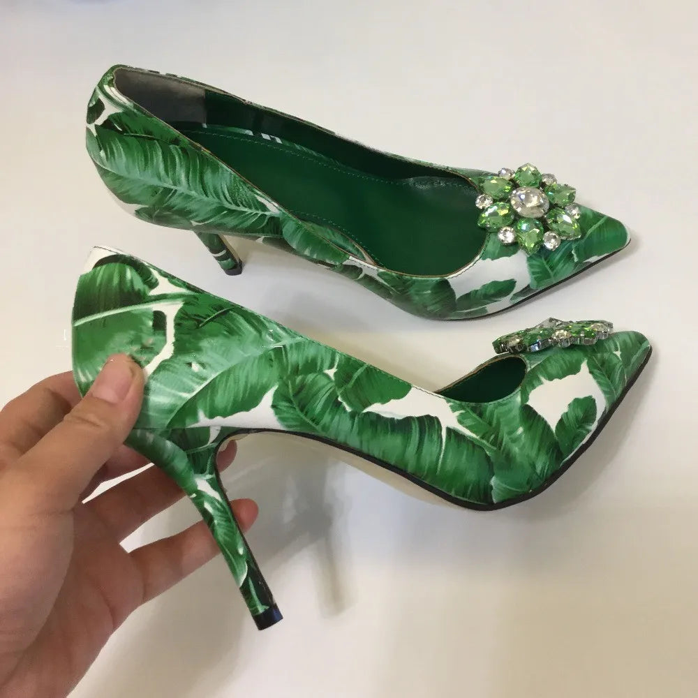 Crystal Rhinestone Leather Pumps