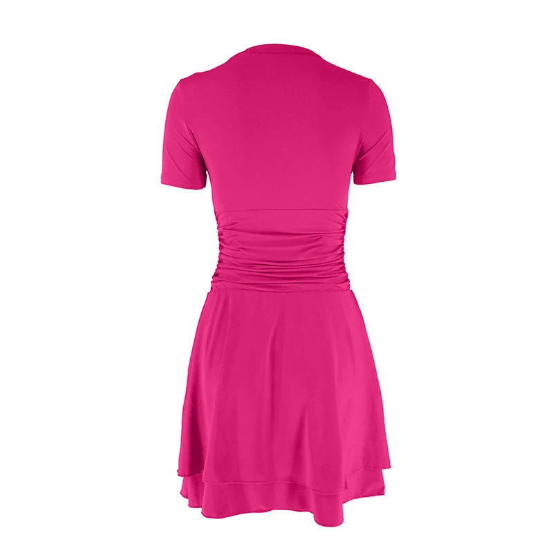 New Dresses Summer Women Sexy Solid A-Line Dress Streetwear Fashion Folds O-Neck Short Sleeve Casual Slim Female Elegant Dresses