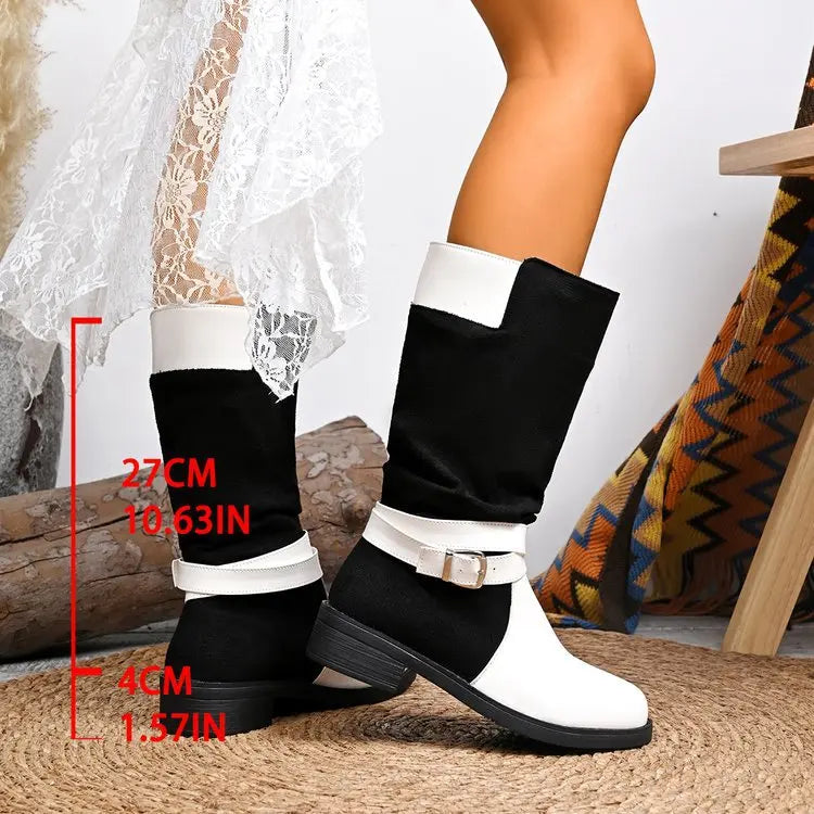 Women's large-sized black and white patchwork thigh-high knee-length fashion boots 2025 autumn/Winter round-toed boots