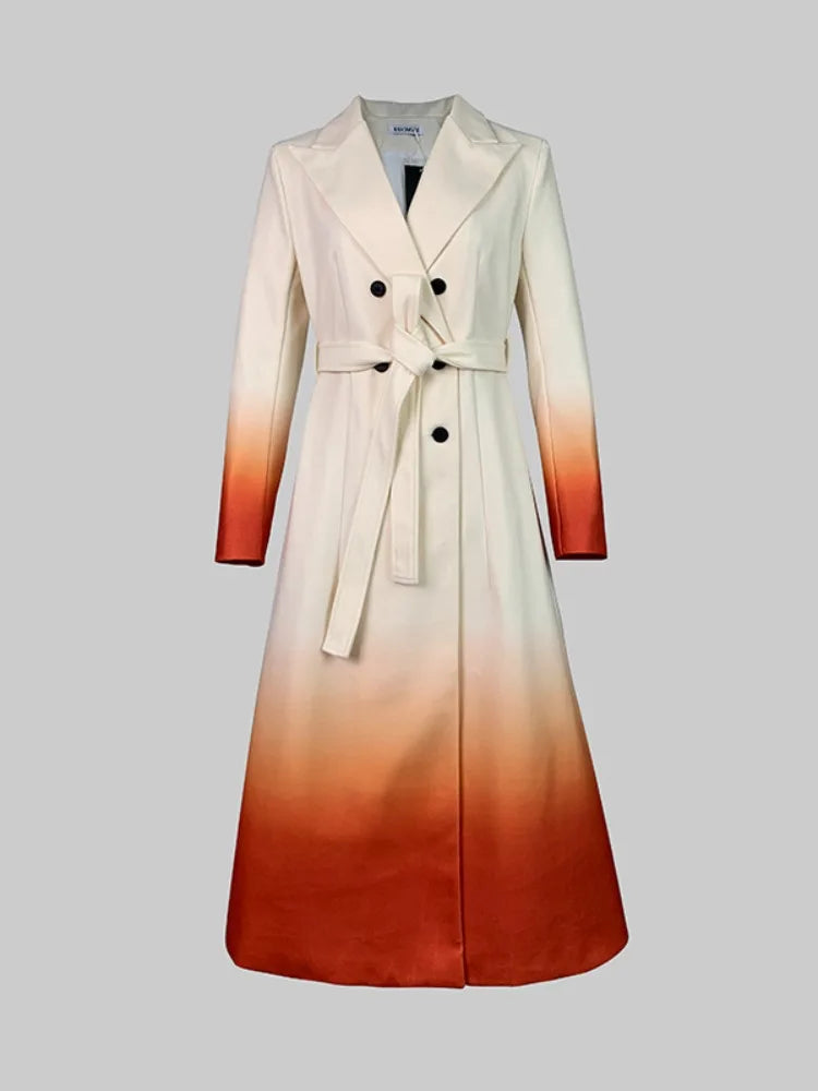 Beautyblue Fashion Women Gradient Outerwear Long Blazer Elegant Loose Tied Waist Buttoned A-Line Woolen Coat for Office Commute